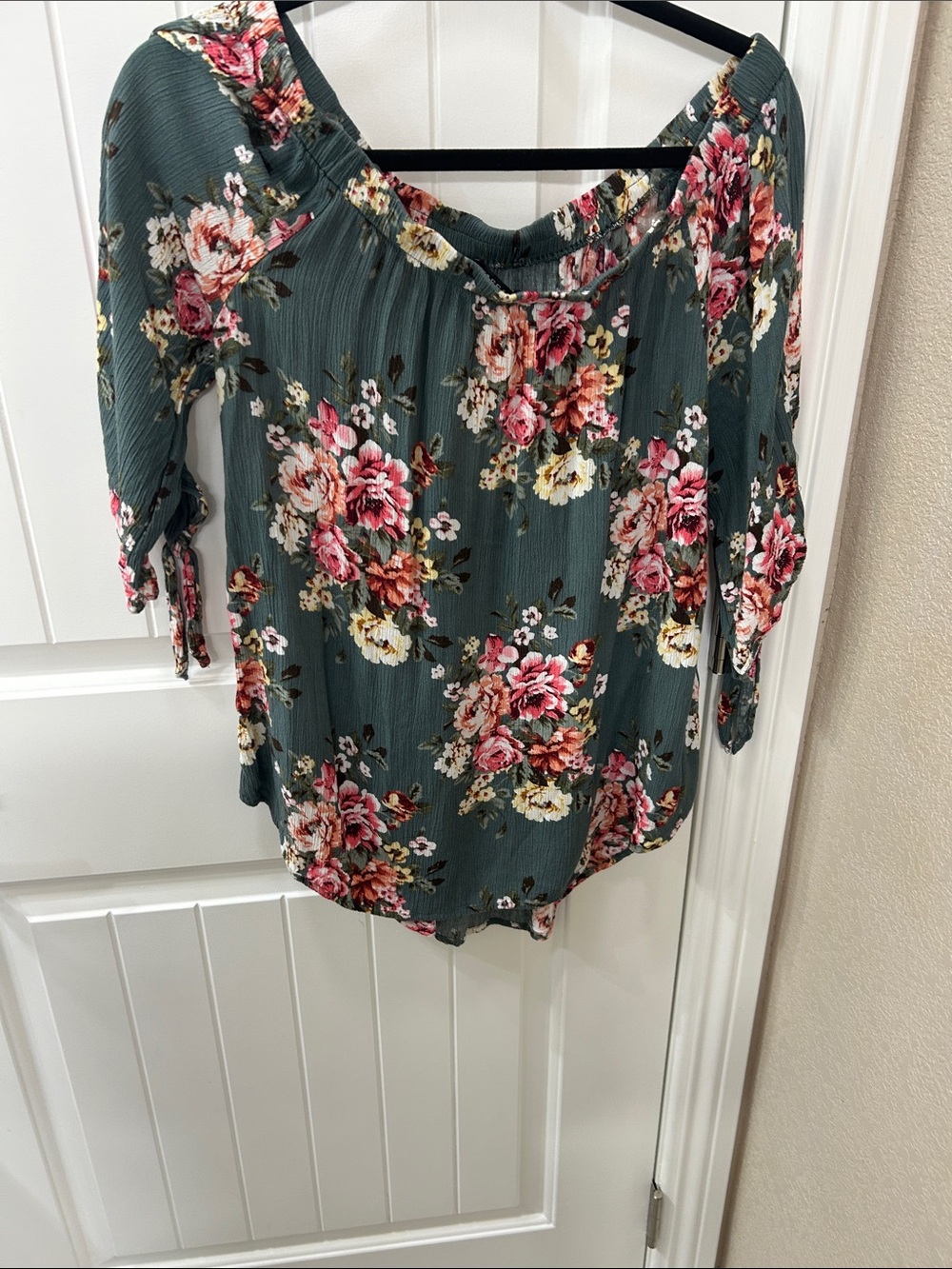 Staccato Teal Floral Off-Shoulder Tunic with Pink Blooms